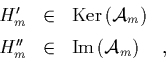 \begin{displaymath}
\quad
\begin{array}{lcl}
H_m' & \in & \mbox{Ker}\left({\c...
...'' & \in & \mbox{Im}\left({\cal A}_m\right) \quad,
\end{array}\end{displaymath}