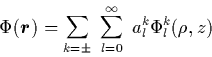\begin{displaymath}
\Phi({\mbox{\protect\boldmath$r$}}) = \sum_{k=\pm} \; \sum_{l=0}^{\infty} \;
a_l^k \Phi_l^k(\rho,z)
\end{displaymath}