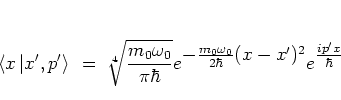 \begin{displaymath}
\left< x \left\vert x',p' \right> \right. \; = \; \sqrt[4]{\...
...0\omega_0}{2\hbar}(x-x')^2}
e^{\textstyle \frac{ip'x}{\hbar}}
\end{displaymath}