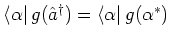 $\left< \alpha \right\vert g({\hat{a}}^\dagger)=\left< \alpha \right\vert g(\alpha^*)$