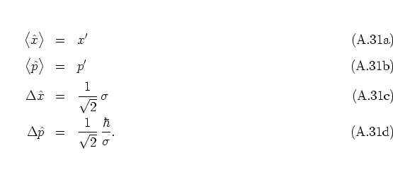 \begin{subequations}
\begin{eqnarray}
\big< {\hat{x}}\big> & = & x' \\ [0.2cm]...
... & \frac{1}{\sqrt{2}} \: \frac{\hbar}{\sigma}.
\end{eqnarray}\end{subequations}