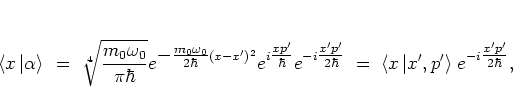 \begin{displaymath}
\left< x \left\vert \alpha \right> \right.
\; = \; \sqrt[4]...
...rt x',p' \right> \right. e^{-i\textstyle \frac{x'p'}{2\hbar}},
\end{displaymath}