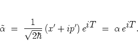 \begin{displaymath}
\tilde{\alpha}
\; = \; \frac{1}{\sqrt{2\hbar}}
\left( x'+...
...ght)
e^{\textstyle iT}
\; = \; \alpha \, e^{\textstyle iT} .
\end{displaymath}