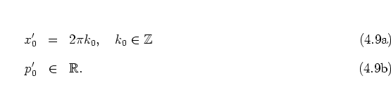 \begin{subequations}
\begin{eqnarray}
x_0' & = & 2\pi k_0, \quad k_0\in\mathbb{Z}\\ [0.3cm]
p_0' & \in & \mathbb{R}.
\end{eqnarray} \end{subequations}
